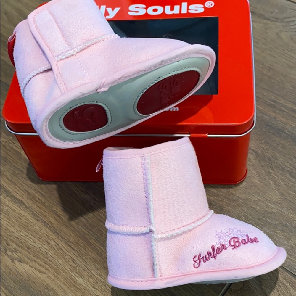 Surfer Babe pink booties 0-6 months!  Brand new!